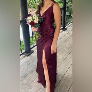 Burgundy Satin Evening Gown with Side Slit